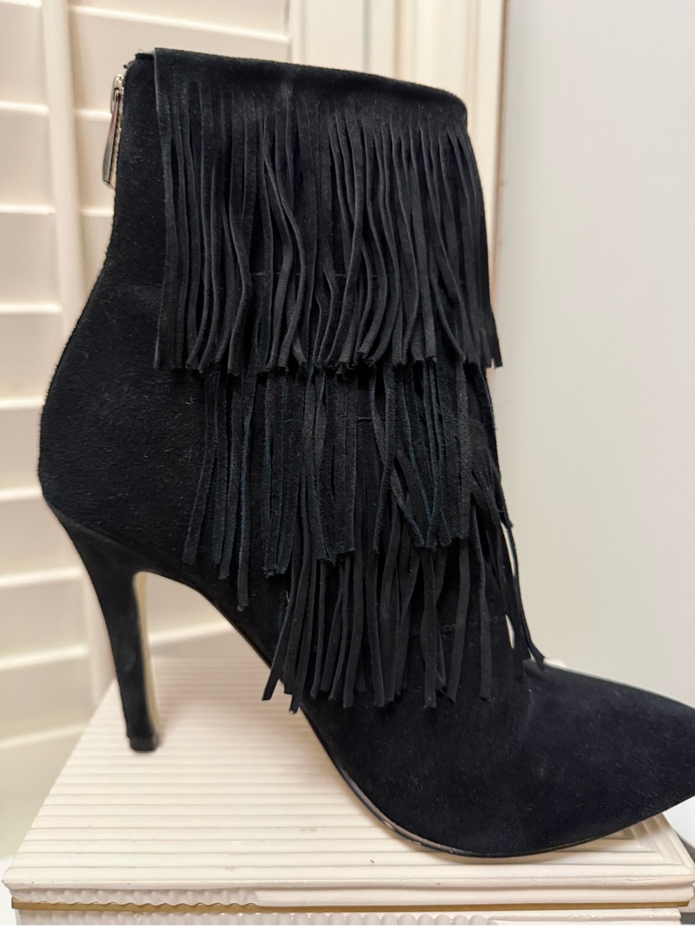Chinese Laundry Black Fringe Suede Stiletto Ankle Boots